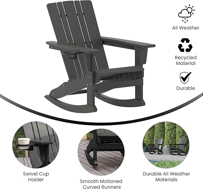 Flash Furniture Halifax Adirondack Rocking Chairs with Cup Holder, Weather Resistant Poly Resin Adirondack Rocking Chairs, Set of 2, Gray
