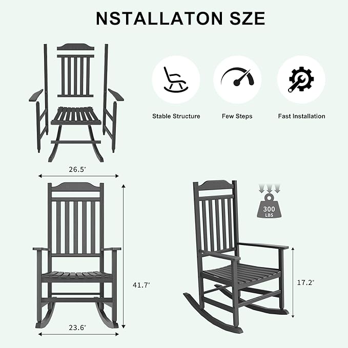 Outdoor Rocking Chair Set of 2,Porch Rocker All Weather Resistant Porch Rocker for Lawn Garden High Back Armrest Set of 2 (Black)