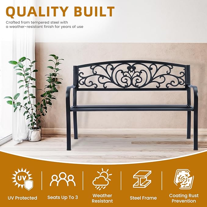 Simply Elegant Flora Metal Park Patio Bench, Outdoor Bench in Black for Porch, Lawn, Garden, Deck by Sun-Ray
