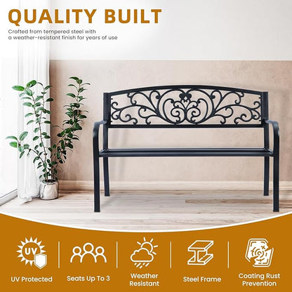 Simply Elegant Flora Metal Park Patio Bench, Outdoor Bench in Black for Porch, Lawn, Garden, Deck by Sun-Ray