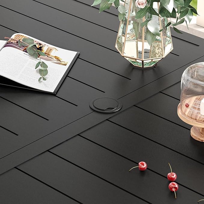VICLLAX Outdoor Dining Table for 6, 59" Black Metal Patio Table with Umbrella Hole, Black