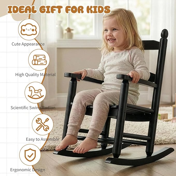 Outvita Kids Rocking Chair, Ergonomic Sturdy Toddler Rocking Chair with High Backrest & Rounded Armrests, Safe Solid Wood Baby Rocker Chair for Age 3-6, Outdoor, Living Room, Reading Room(Black)