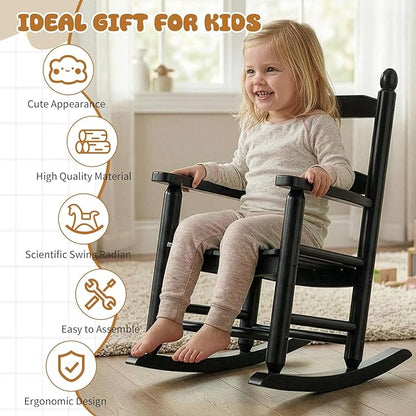 Outvita Kids Rocking Chair, Ergonomic Sturdy Toddler Rocking Chair with High Backrest & Rounded Armrests, Safe Solid Wood Baby Rocker Chair for Age 3-6, Outdoor, Living Room, Reading Room(Black)