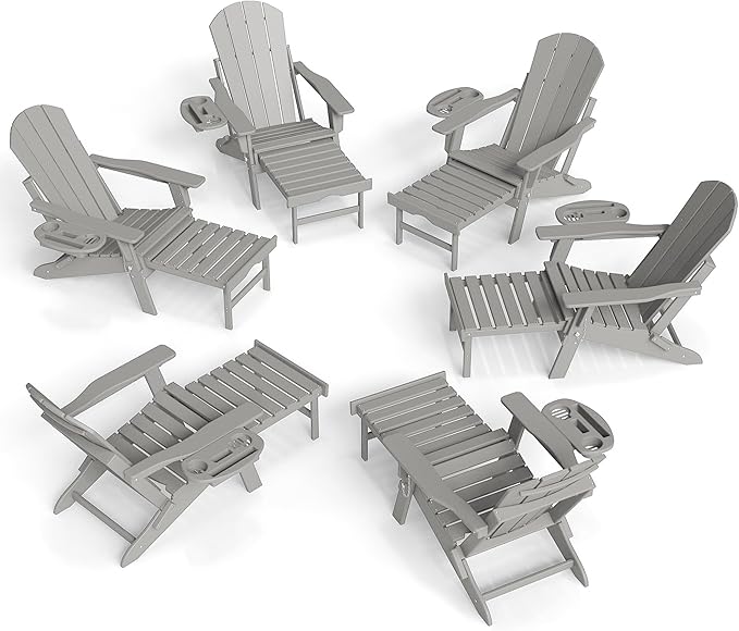FOOWIN Adirondack Chair with Retractable Ottoman,HDPE Folding Adjustable Adirondack Chair w/4 in 1 Cup Holder Trays,All-Weather Resistant Fire Pit Chair for Outdoor Patio Lawn Set of 6