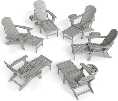 FOOWIN Adirondack Chair with Retractable Ottoman,HDPE Folding Adjustable Adirondack Chair w/4 in 1 Cup Holder Trays,All-Weather Resistant Fire Pit Chair for Outdoor Patio Lawn Set of 6