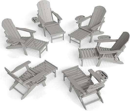 FOOWIN Adirondack Chair with Retractable Ottoman,HDPE Folding Adjustable Adirondack Chair w/4 in 1 Cup Holder Trays,All-Weather Resistant Fire Pit Chair for Outdoor Patio Lawn Set of 6