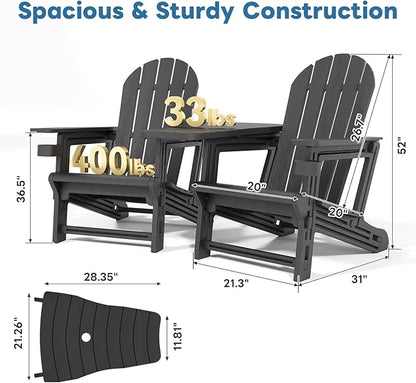 Adirondack Chair Set of 2, All Weather HDPE Adirondack Chair with Double Connecting Trays, Plastic Adirondack Chairs for Balcony, Deck, Patio, Backyard, Garden, Black