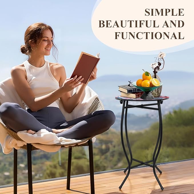 Small Outdoor Table, 21 Inch Heigh Weather Resistant Metal Round Outdoor Indoor End Table Side Table for Patio Yard Porch Balcony Garden Bedside, Easy Assemble