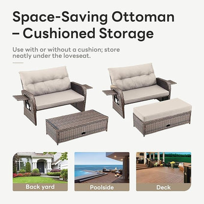 Belord Oversize Outdoor Daybed Set - Patio Recliner Loveseat with Storage Ottoman, Wicker Double Lounge Chair wth 5 Level Adjustable Backrest and 2 Retractable Table