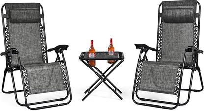 Goplus Zero Gravity Chair Set, 3 Pieces Outdoor Lounge Chair Recliners w/Side Table, Headrest and Cup Holders, Adjustable Folding Recliners and Table for Patio, Yard, Pool, Beach (Grey)
