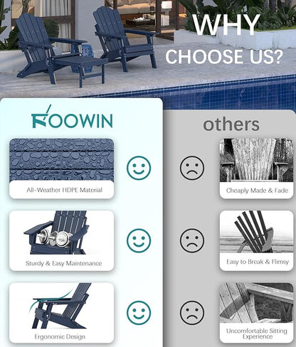 FOOWIN Adjustable Adirondack Chair with Retractable Ottoman, Folding Adirondack Chair with Cup Holder, HDPE All-Weather Fire Pit Chair for Patio, Yard, Poolside, Navy Blue