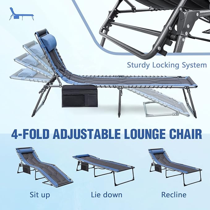 Devoko 4-Fold Padded Portable Folding Outdoor Chaise Lounge Heavy Duty Reclining Chair with Pillow & Side Pocket for - Photo 4