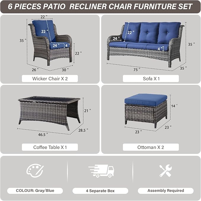 Belord Patio Wicker Sofa Set 6 Pieces Patio Furniture Set Outdoor Couch, 2 Patio Wicker Chairs with 1 Sofa - Photo 3