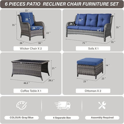 Belord Patio Wicker Sofa Set 6 Pieces Patio Furniture Set Outdoor Couch, 2 Patio Wicker Chairs with 1 Sofa, Coffee Table and Ottomans, Patio Conversation Set for Porch Garden Deck Balcony Poolside