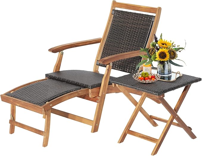 RELAX4LIFE Patio Lounge Chair Set - Outdoor Acacia Wood Chaise Lounge w/Side Table, Armrest & Retractable Ottoman, Rattan Seat, Tabletop, Quick Folding Sunbathing Chair for Backyard, Poolside (1)