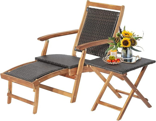 RELAX4LIFE Patio Lounge Chair Set - Outdoor Acacia Wood Chaise Lounge w/Side Table, Armrest & Retractable Ottoman, Rattan Seat, Tabletop, Quick Folding Sunbathing Chair for Backyard, Poolside (1)