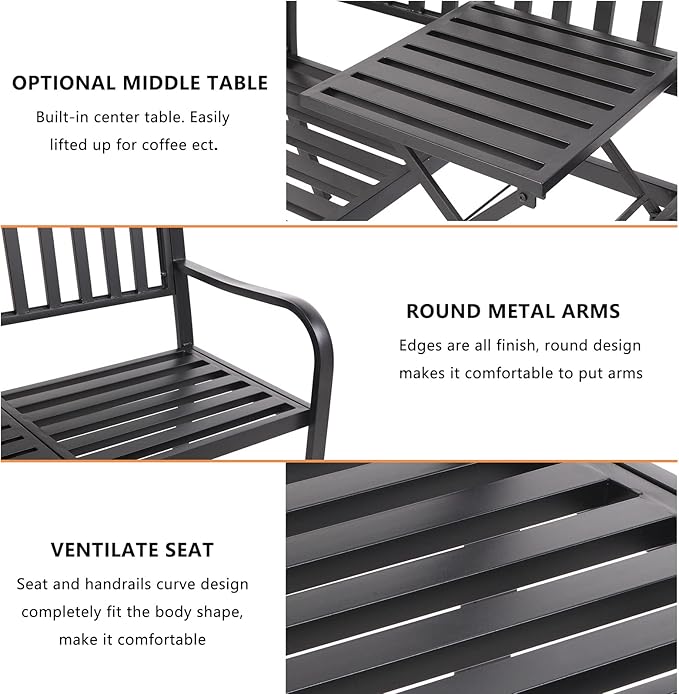 VINGLI 59" Outdoor Metal Bench Patio Bench with Built in Table Park Bench Garden Bench - Photo 4