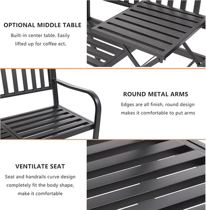 VINGLI 59" Outdoor Metal Bench Patio Bench with Built in Table Park Bench Garden Bench, Outside Benches Weather Proof Front Porch Bench for Yard Lawn Decor Deck