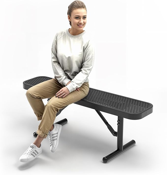 Heavy-Duty Outdoor Metal Bench, Thermoplastic-Coated, Portable, Weatherproof, Commercial-Grade for Parks, Gardens, Patios, Stores & More (4 Ft - Portable, Black)