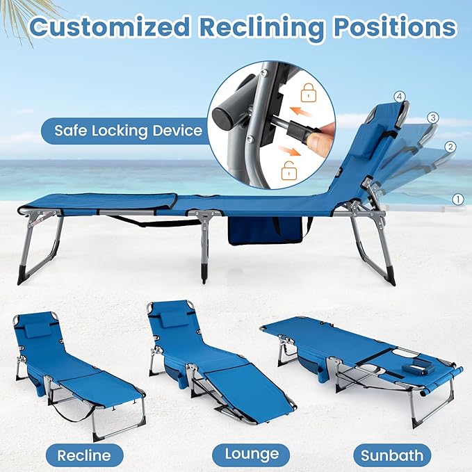 Goplus Tanning Chair with Face Arm Holes, Portable Sunbathing Chair w/4-Level Backrest, Head Pillow - Photo 6