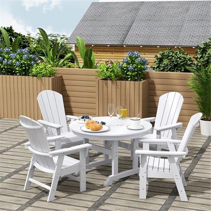 Costaelm Outdoor Adirondack Chair, HDPE Patio Balcony Chairs, Portside Seashell Nautical Curveback Adirondack Chair and Fire Pit Chairs, White