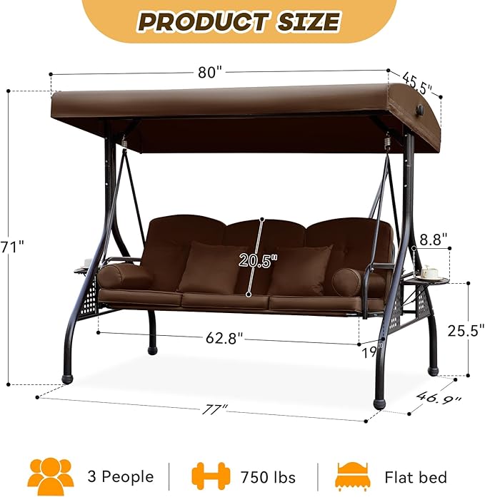 3 in 1 Patio Swing with Adjustable Canopy for Adults, 3 Seat Outdoor Swing with Thickened Cushions - Photo 2