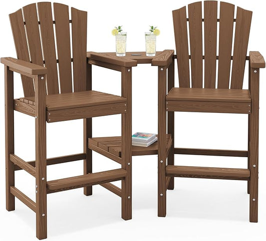 KINGYES Tall Adirondack Chair Set of 2, All-Weather HDPE Outdoor Adirondack Barstools with Removable Double Connecting Trays, Embossed Balcony Chair, High Airondack Chair with Wood Grain, Brown