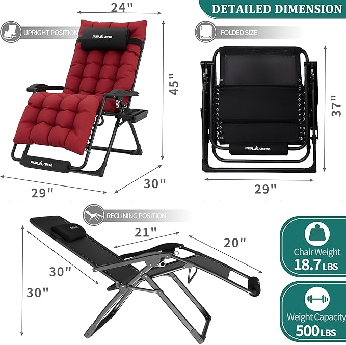 UDPATIO Oversized Zero Gravity Chair Set of 2, 29In XL Patio Reclining Chair with Cushion, Outdoor Folding Recliner - Photo 5