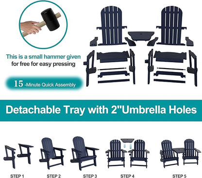 JY QAQA Outdoor Adirondack Chair Set of 2, All-Weather HDPE Patio Furniture with Detachable Table, Wood Texture & Cup Holder for Patio, Poolside, Garden, Dark Blue