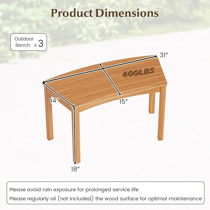 Tangkula Acacia Wood Outdoor Curved Bench Set of 3, Patio Garden Backless Fire Pit Bench with 1200 lbs Weight Capacity - Photo 2