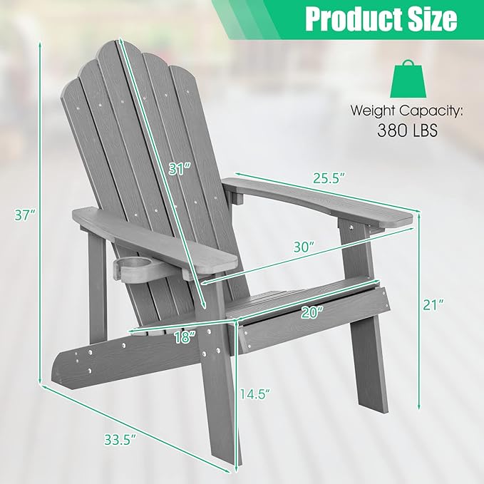 Giantex Outdoor Adirondack Chair - Oversized Patio Chairs w/Hidden Cup Holder, Realistic Wood Grain, 380 LBS Weight Capacity, Weather Resistant Firepit Chairs for Backyard, Garden (2, Light Grey)