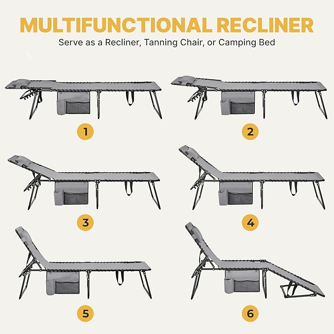 Yaheetech 22.4" Outdoor Folding Tanning Chair, Chaise Lounge Chairs with 5 Back Position Adjustable, Extended Portable Lounger for Beach, Patio, Gray