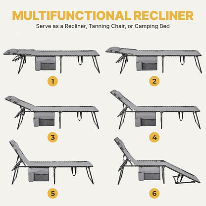 Yaheetech 22.4" Outdoor Folding Tanning Chair, Chaise Lounge Chairs with 5 Back Position Adjustable, Extended Portable Lounger for Beach, Patio, Gray