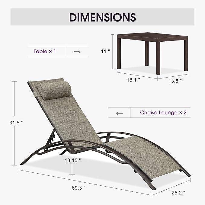 PURPLE LEAF Outdoor Chaise Lounge Chair Set of 3 Patio Pool Lounger Bronze Aluminum Chairs with Side Table Adjustable Tanning Recliner for Outside Backyard Yard Deck Balcony Beach Ivory Granite