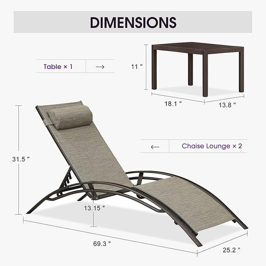 PURPLE LEAF Outdoor Chaise Lounge Chair Set of 3 Patio Pool Lounger Bronze Aluminum Chairs with Side Table Adjustable Tanning Recliner for Outside Backyard Yard Deck Balcony Beach Ivory Granite