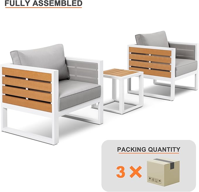 Outdoor Sofa Set, 18 Inch Square Slatted Side Table, 2 Armchairs, 4.7'' Thick Cushions and Pillows, Powder-Coated Aluminum and Imitation Wood Frame, Polyester Fabric, for Patio, Garden and Backyard