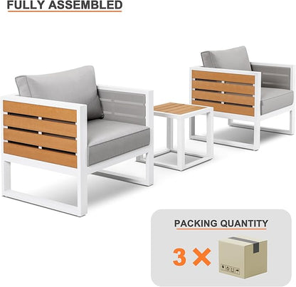 Outdoor Sofa Set, 18 Inch Square Slatted Side Table, 2 Armchairs, 4.7'' Thick Cushions and Pillows, Powder-Coated Aluminum and Imitation Wood Frame, Polyester Fabric, for Patio, Garden and Backyard