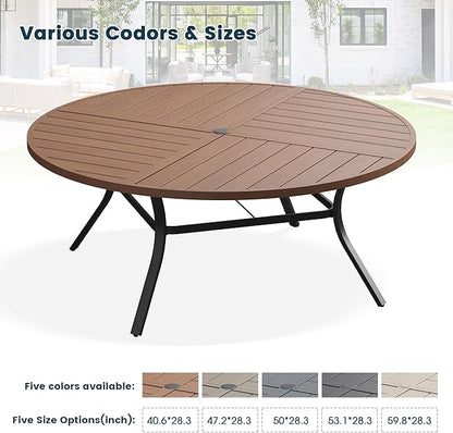 Patio Dining Table for 8-10, Round Metal Outdoor Table with Storage Shelf, 1.57" Umbrella Hole, 60" Outdoor Quartered Tabletop Dining Table for Backyard, Porch, Lawn, Walnut
