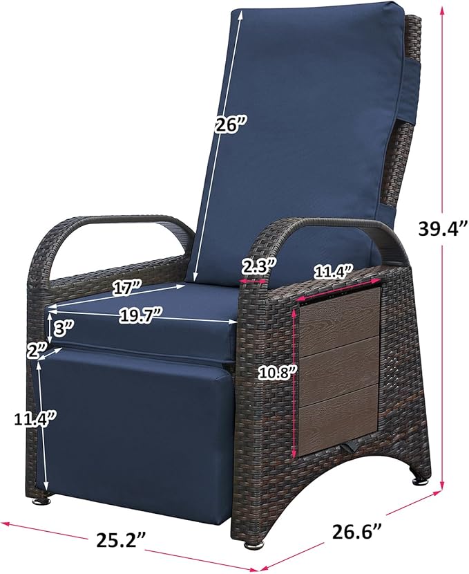 ATR ART TO REAL Outdoor Recliner Chairs, PE Wicker Reclining Lounge Chair with Removable Soft Cushion, Adjustable Outside Recliners for Patio, Porch, Poolside, Balcony, Lawn (Navy Blue, 2 PCS)