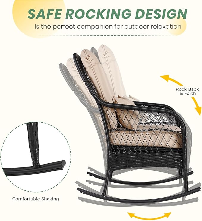 LVUYOYO Outdoor Wicker Rocking Chair of 2, Patio Rattan Rocker Chair with Cushions, Rocking Wicker Furniture Set for Deck, Porch, Garden, Backyard (Khaki)
