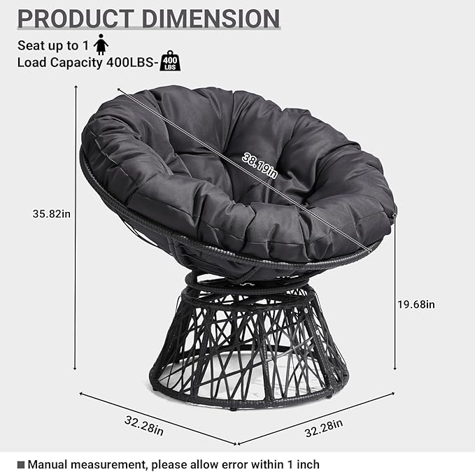 VINGLI Outdoor Papasan Chairs with Thick Cushions 360 Degree Swivel Chair, Patio Chairs Lounge Chair Rading Chair for Balcony, Yard, Porch (Black)
