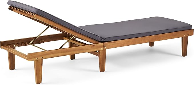 Great Deal Furniture Yvette Outdoor Acacia Wood Chaise Lounge and Cushion Set, Teak and Dark Gray, (309789) - Photo 7