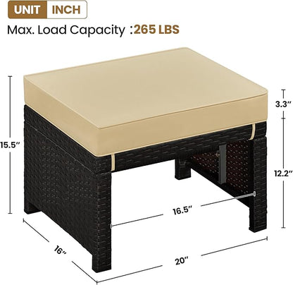 Yaheetech Wicker Ottomans, Set of 2 Footrest with Removable Cushion, 2pcs PE Rattan Side Table Additional Seating Multipurpose Outdoor Furniture for Patio, Backyard, Brown/Khaki