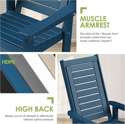 GREENVINES Outdoor Rocking Chair Set | 3-Piece | 2 Rocking Chairs with 1 Side Table | Porch Rocker | HDPE Plastic | Blue | Patio Furniture Sets | High Back | Big & Tall | Ladder Back