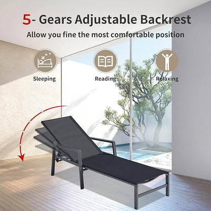 Aluminum Chaise Lounge Chairs Set of 2,5 Adjustable Outdoor Lounge Chaise Chairs,Patio Chaise Lounge with Armrests,for Beach Poolside,Balcony,Yard(Black)