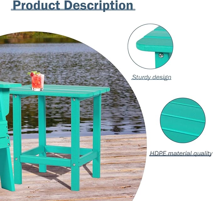 Aoodor 19'' Adirondack Side Table, Rectangular HDPE End Table, Weather Resistant and Easy Maintenance, Aruba