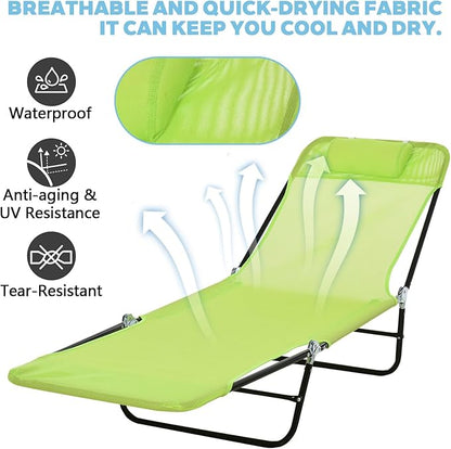 Outdoor Tanning Chair with Pillow, Folding Chaise Lounge Chair with Adjustable Backrest, Portable Lay Flat Beach Lounge Chairs for Sunbathing Poolside Patio Lawn Camping(Green 2)