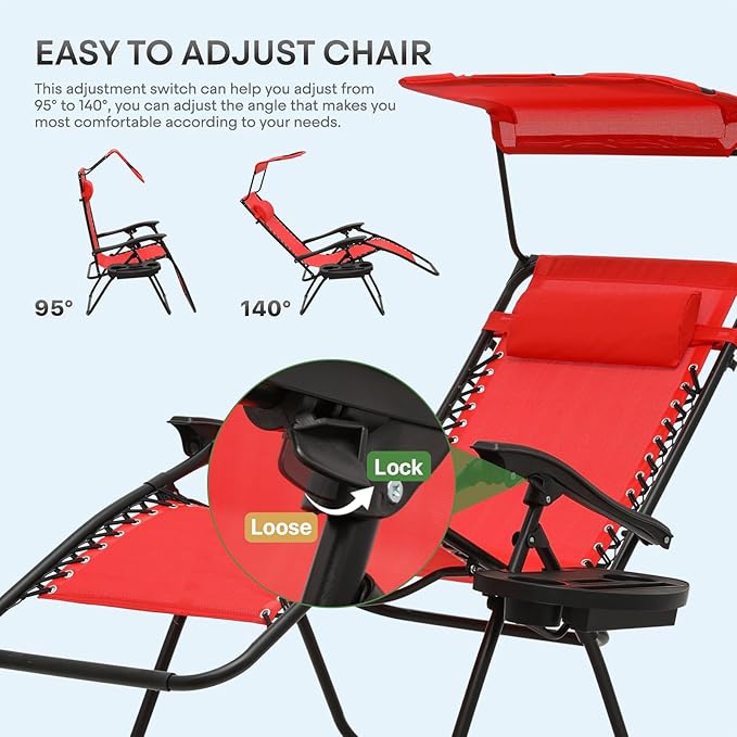 Athena Collection Patio Chairs Set of 2 Reclining Lounge Chair with Cup Holder and Pillow Fabric Camping Chairs with Canopy Foldable Beach Chairs for Garden, Park, Deck, Yard, Poolside, Red