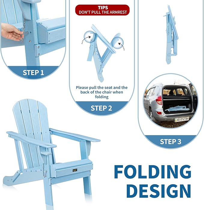 VINGLI Plastic Adirondack Chairs Set of 2, Folding with Cup Holder, Waterproof HDPE Material - Photo 5