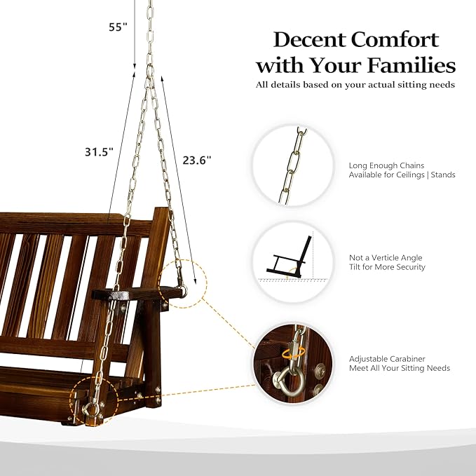 VINGLI Heavy Duty 880 LBS 4 FT Outdoor Porch Swing, Patio Hanging Swing Bench for Yard, Rustic